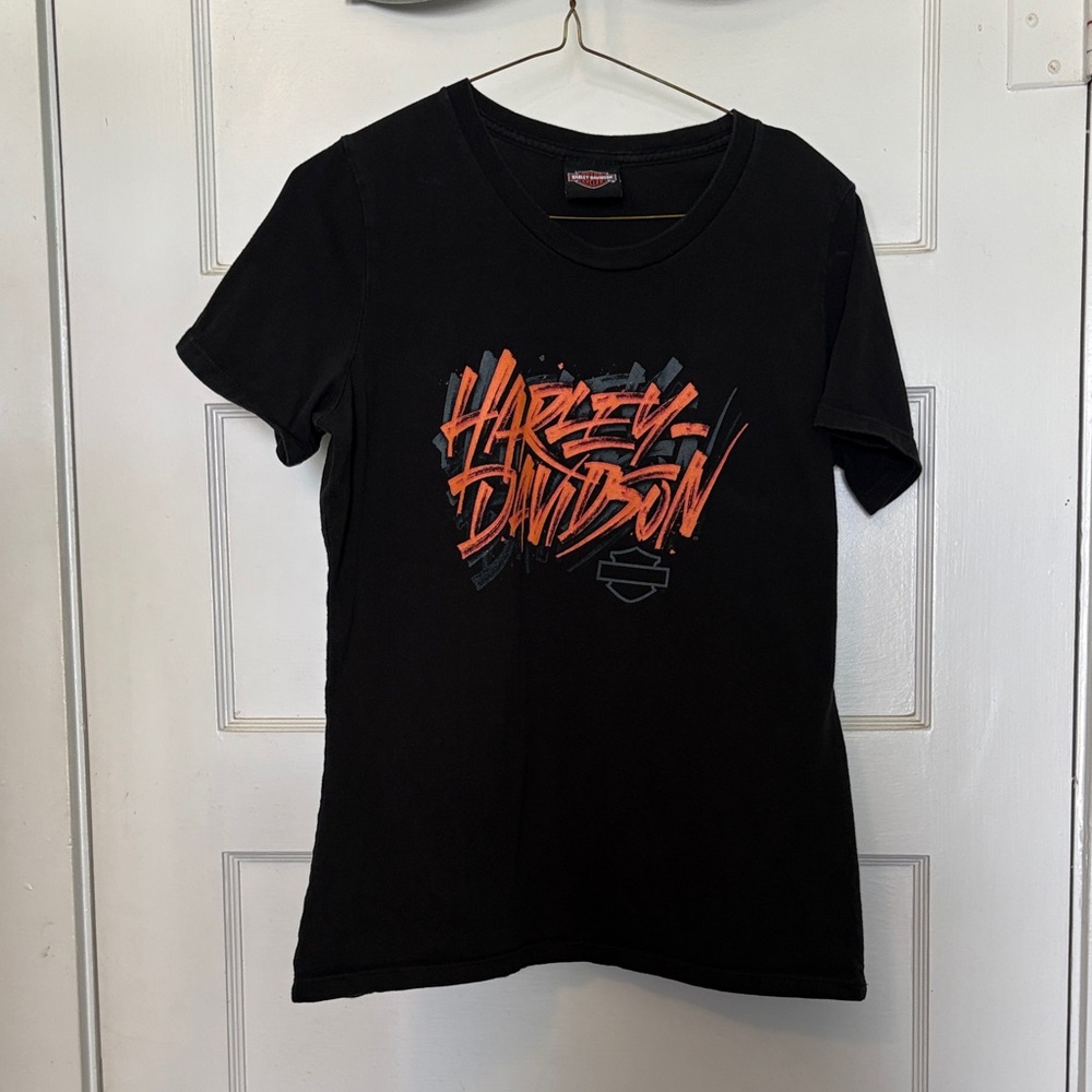 Harley-Davidson Chunky River Meridian, MI Black Tee with Orange Script Size S